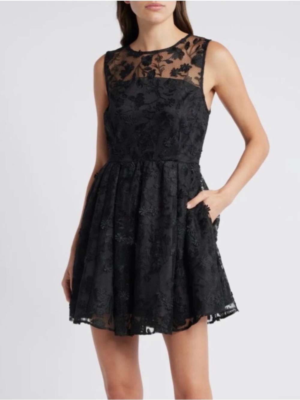 Chelsea28 Black Floral Lace Sleeveless Fit and Flare Cocktail Dress M